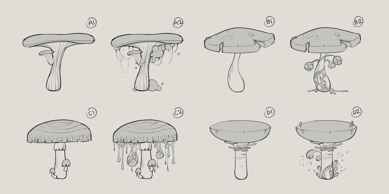 Some concept sketches for the big mushrooms in the environment (both normal and &quot;corrupted&quot; versions), which would be used as platforms for the player to jump on.