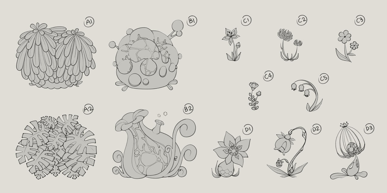 Some concept sketches I made of normal and "corrupted" plants for the environment.