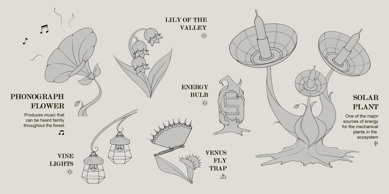 Some concept sketches I made for steampunk plants in the environment.