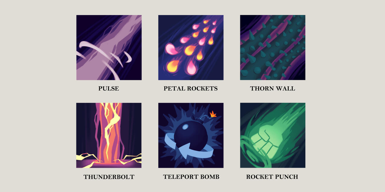 Initial concepts for the ability icons. Two of these abilities (Teleport Bomb and Rocket Punch) were cut in the final game.
