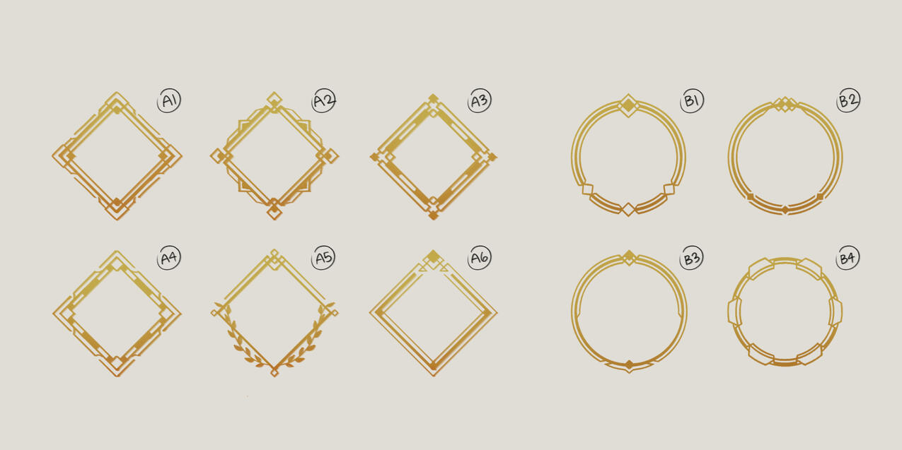 Concepts for the ability icon borders (left) and passive ability icon borders (right). We went with A6 and B3 in the final version of the game.