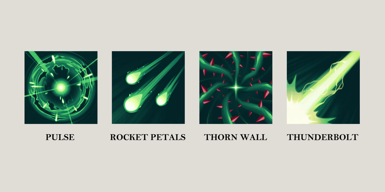 Final versions of the ability icons. I designed these with a consistent green hue to evoke a sense of rejuvenation and "heroism," since the purple hues I used in the initial icons evoked the opposite theme.