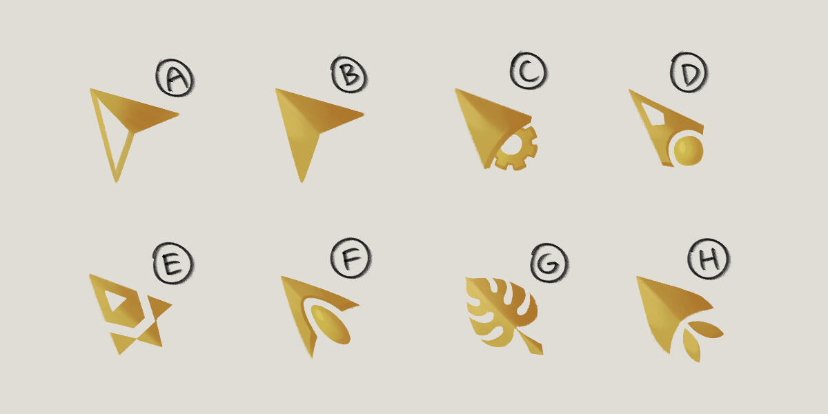 Concepts for the mouse cursor design. We went with a mix of D and H for the final version.